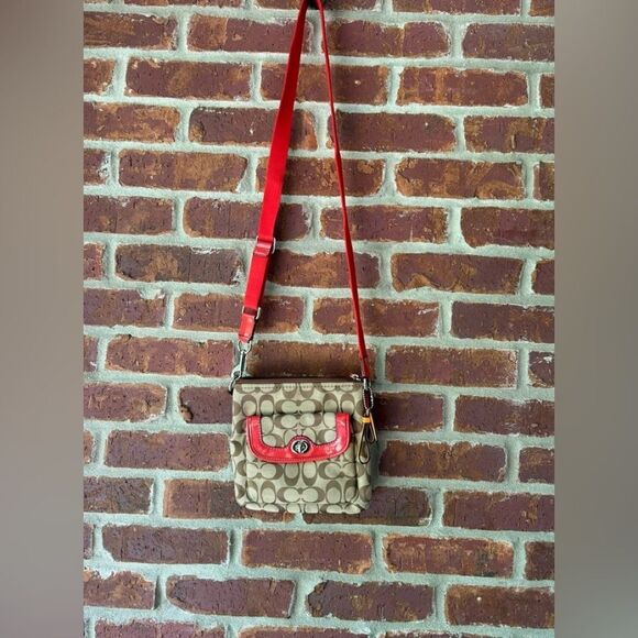 Coach tan monogram with orange trim crossbody - Picture 1 of 6